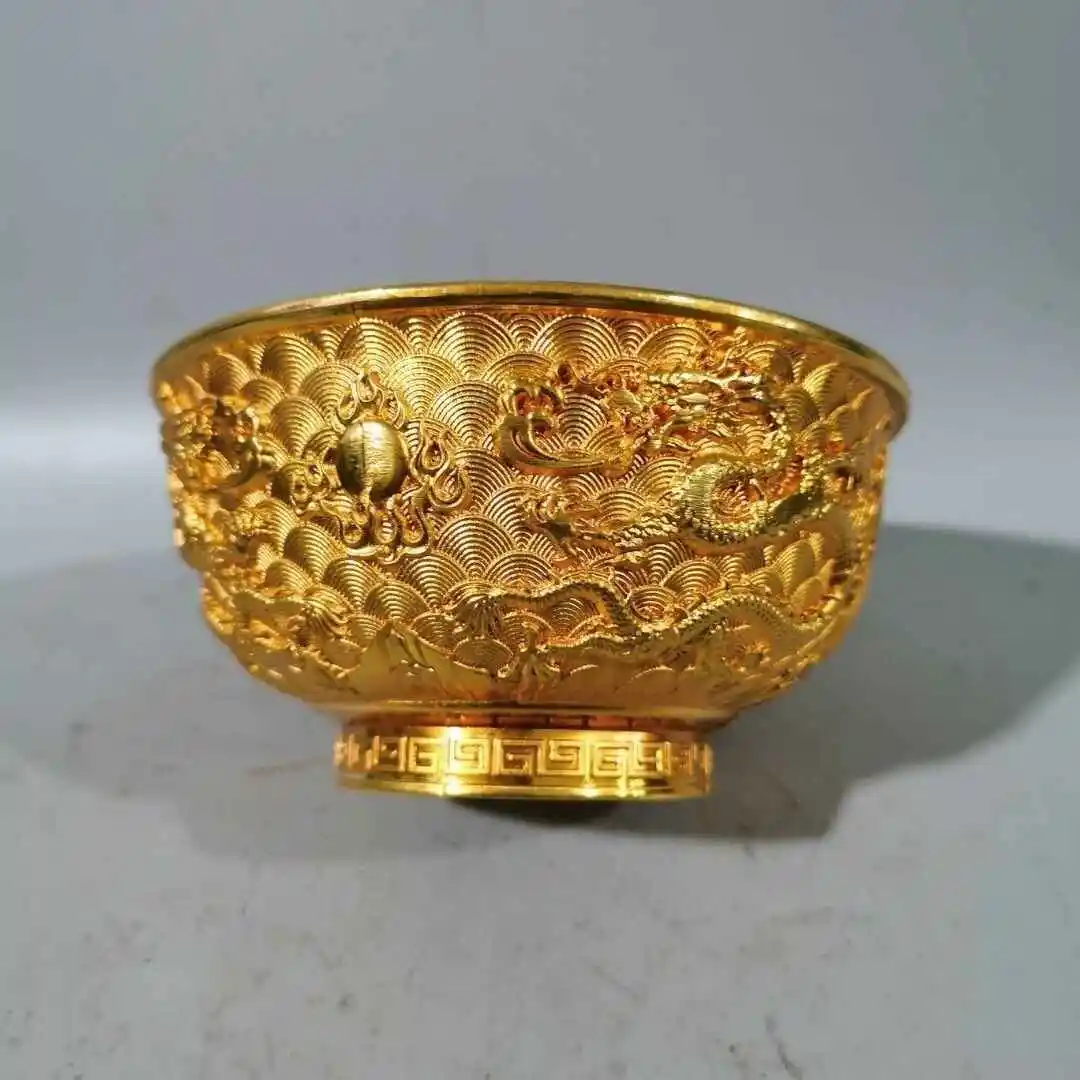 Antique Bronze Collection: Antique Qianlong Year Made Gilded Relief Double Dragon Playing Pearl Bowl Copper Bowl Home Decoration