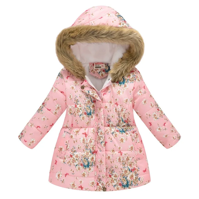 Kids Girls Medium Long Styles Hooded Down Jacket Artificial Fur Collar Coat Winter Add Velvet Printing Outerwear Christmas Gift