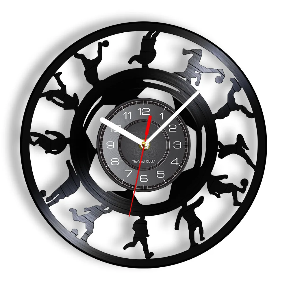 Vintage Football Players Silhouette Vinyl Record Wall Clock Soccer Kicking Ball LP Clock Watch Soccer Sports Wall Art Decoration