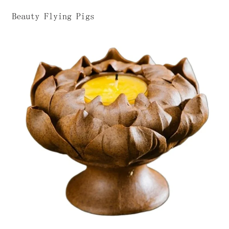 

1PCS ceramic handmade lotus candle holder with coarse clay incense inlaid Zen ancient style small ornament