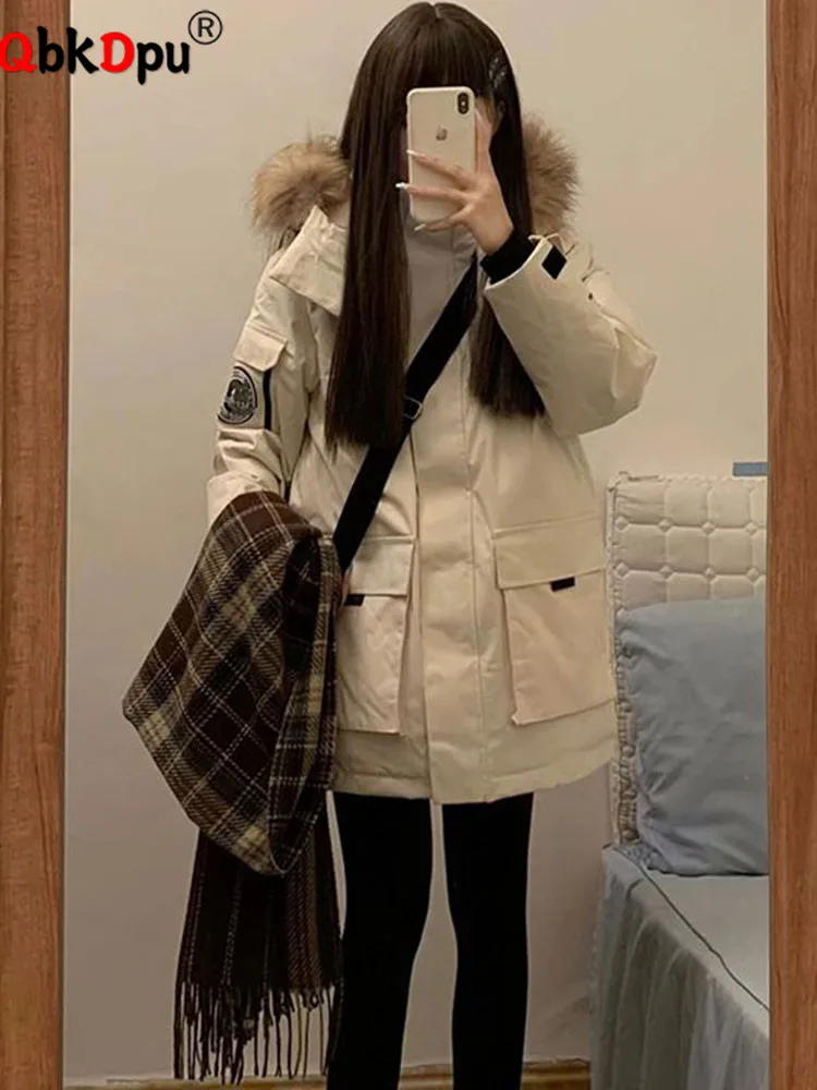 Korean Design Thicken Loose Jackets Tops Women Hooded Zipper Long Sleeve Abrigos Winter Warm Faux Fur Collar Down Cotton Coats