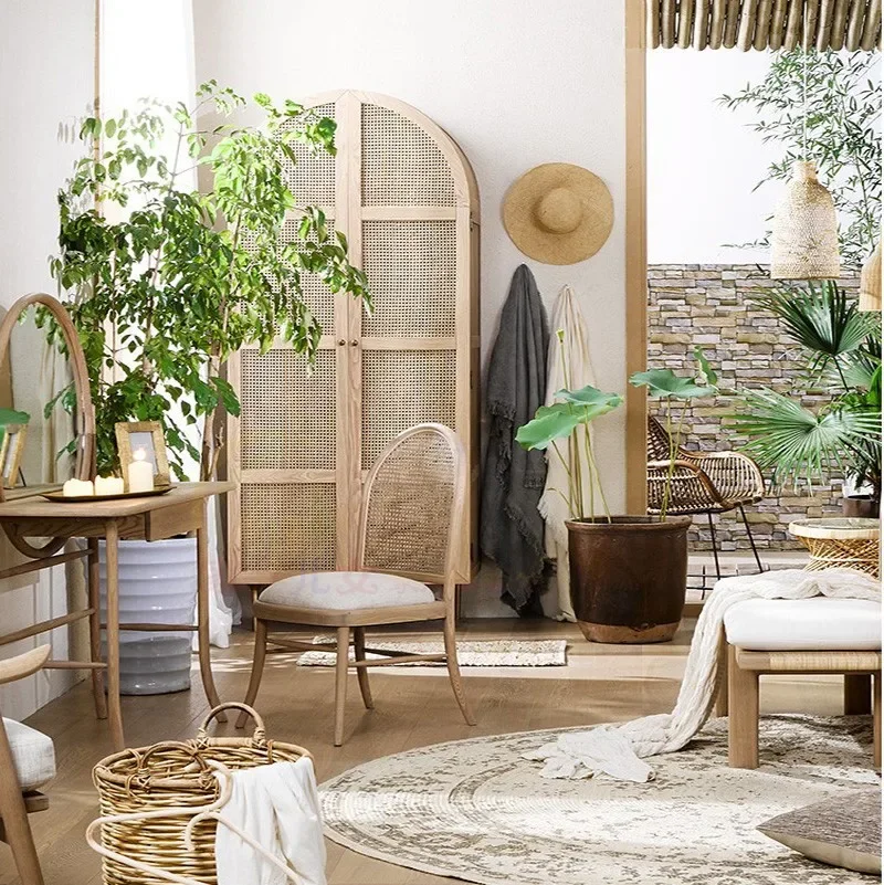 Japanese creative wardrobe, modern simple rattan double-door wardrobe, Nordic