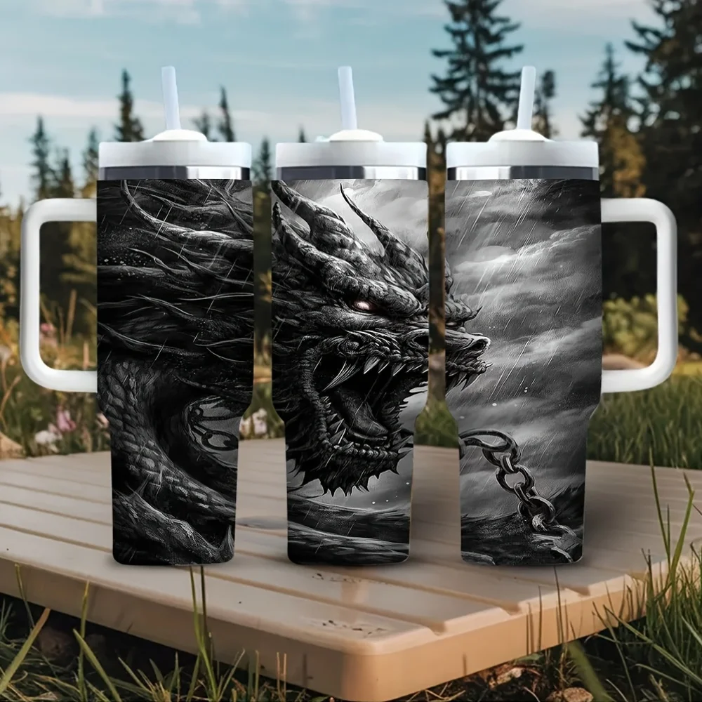 40Oz Tumbler with Handle, Cool Dark Dragon Graphic Print, Ideal for Dragon Lovers, Suitable for All Seasons, Perfect for Outdoor Daily Use, Fits Both Hot And Cold Drinks
