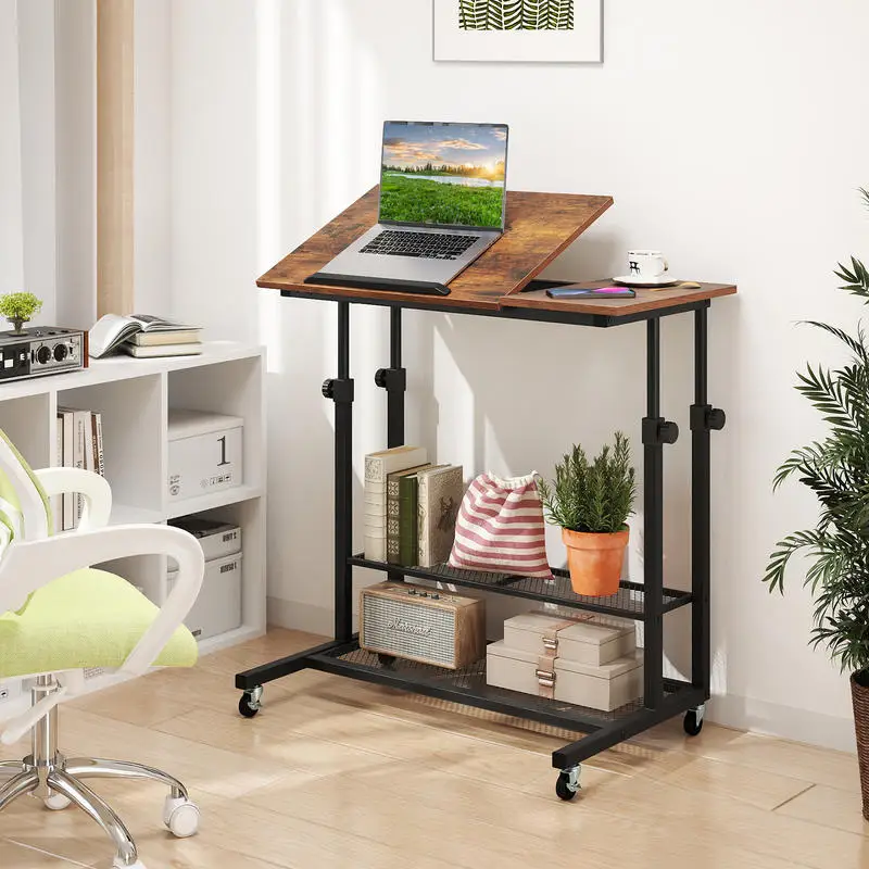 Mobile Height Adjustable Standing Desk with Tilting Top, Sit Stand Computer Table with 2-Tier Mesh Shelves and Locking Casters, Ergonomic Workstation for Home Office, Rustic Brown