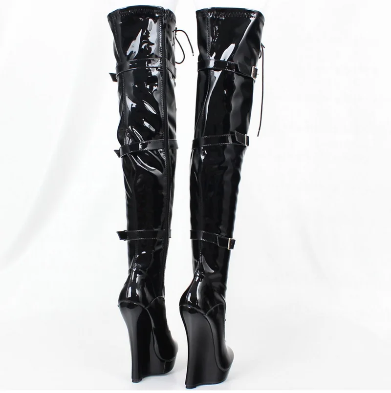 CACA Women Wedges Thigh High Boots,Men Night Club Cosplay Shoes,Stage Show Fetish Booties,Long Botas,18cm,Black,Custom.Dropship