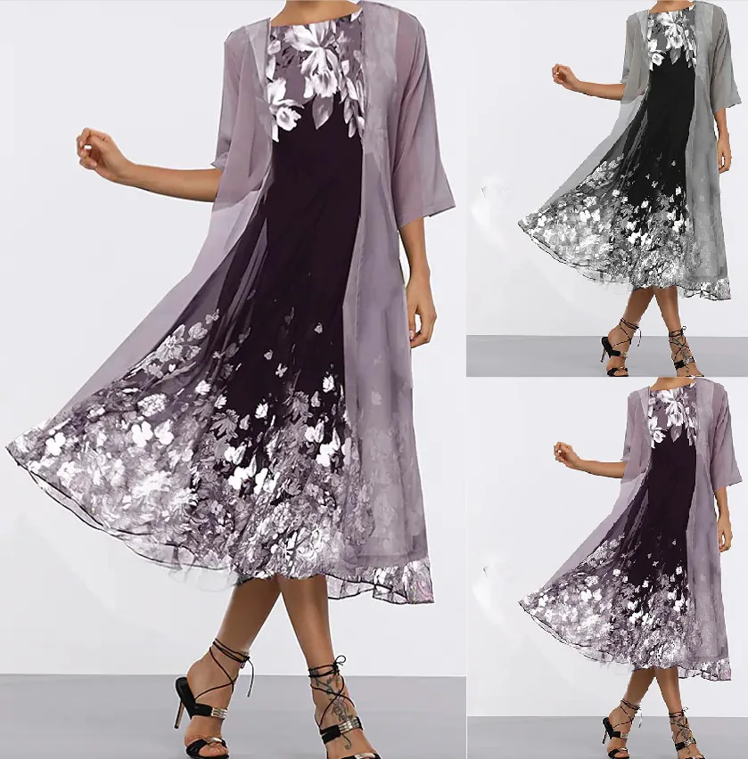 

Dress 2-piece Chiffon Set Printed Slim-fitting and Thin Multi-color Dress European and American Cross-border New Models