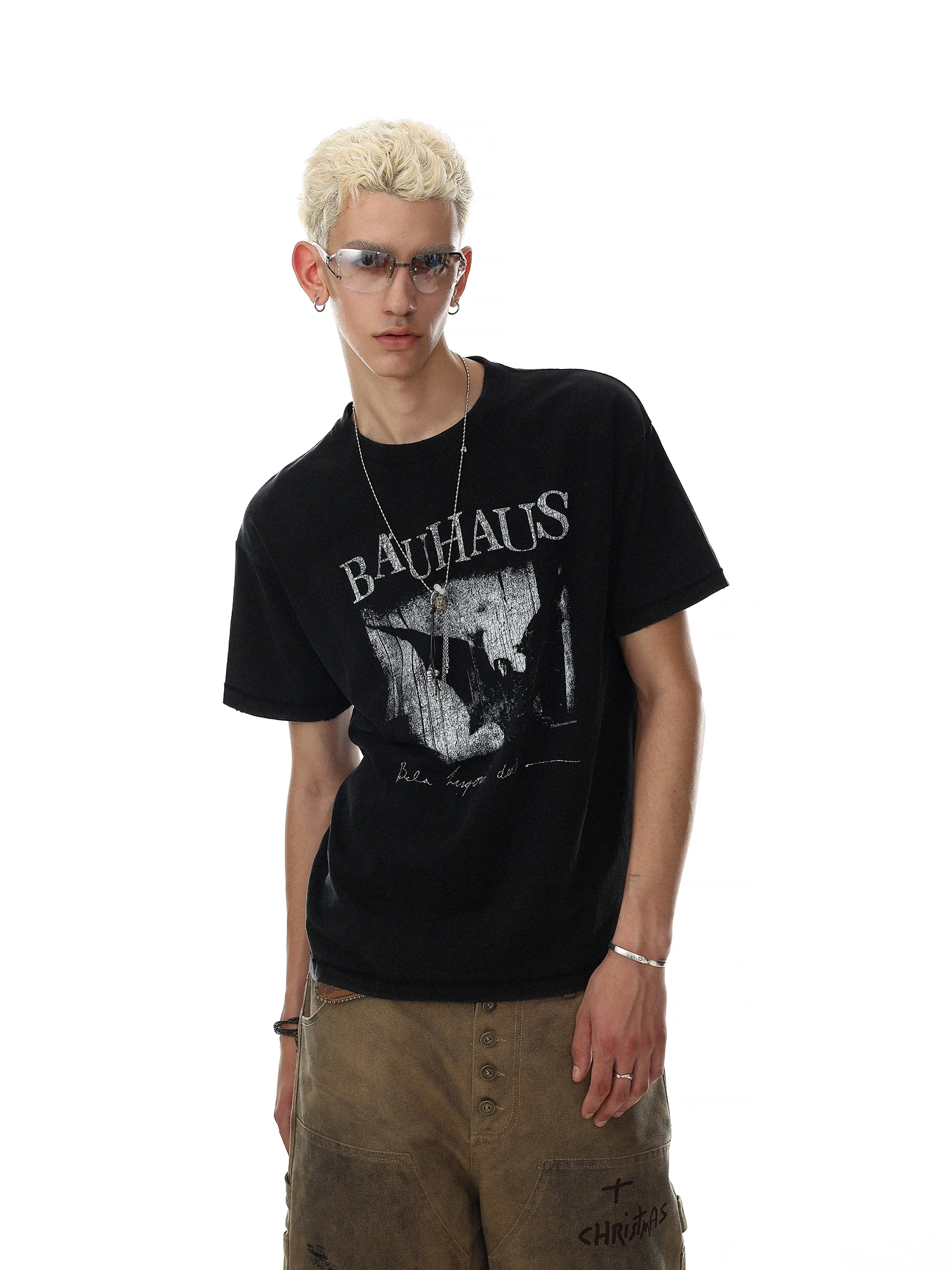 MRNEARLY American Retro Dark Style Printed Short Sleeve T-Shirt Men Vintage Worn round Neck Top Cotton Breathable Summer Casual