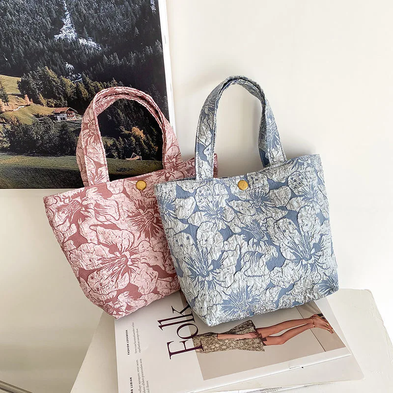 2022 Vintage Canvas Hand Bag for Women Floral Print Casual Tote Bag Four Color Options Reusable Shopping Beach Bags For Girls