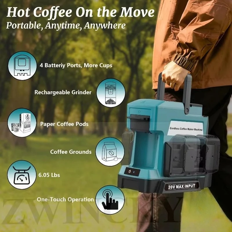 Cordless Coffee Maker Portable Single Serve Coffee Makers For Makita/Milwaukee/Dewal/Bosch/Ryobi,18V Battery (No Battery)