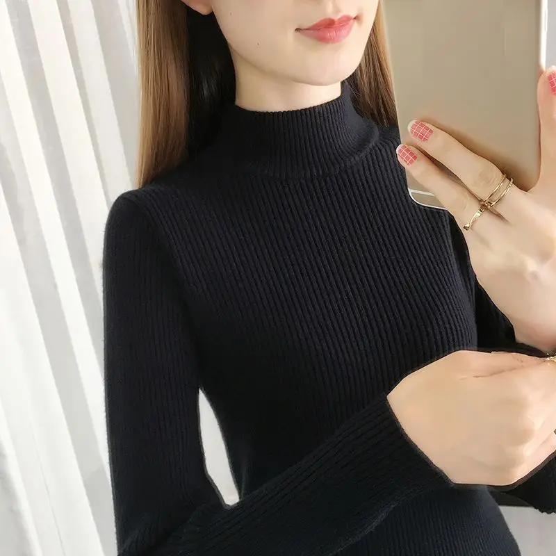 Women\'s Clothing Solid Color Pullover Long Sleeve Autumn Winter Turtleneck Screw Thread Sweater Knitted Elegant Fashionable Top