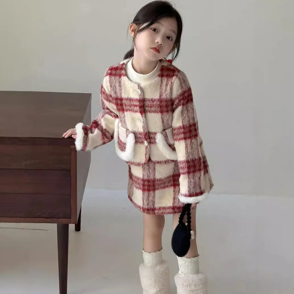 Girls Suits 2024 Winter Girls Wool Pocket Coat Skirt Female Treasure Temperament Red Check Two-piece Set Korean Simple Style image 5