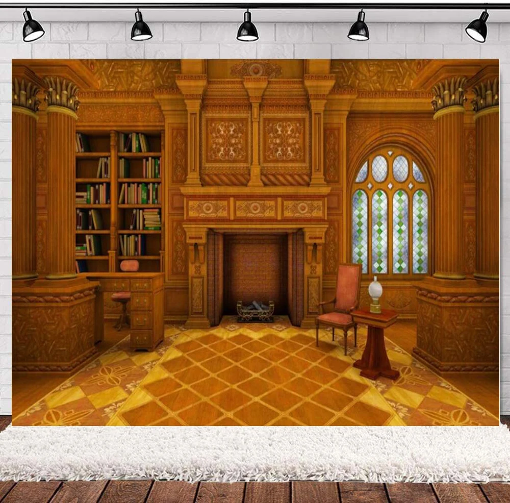 Photography Backdrop Enchanted Library Fantasy Magic Retro Interior Room Background Vintage Studyroom Bookcase Carpet Fireplace