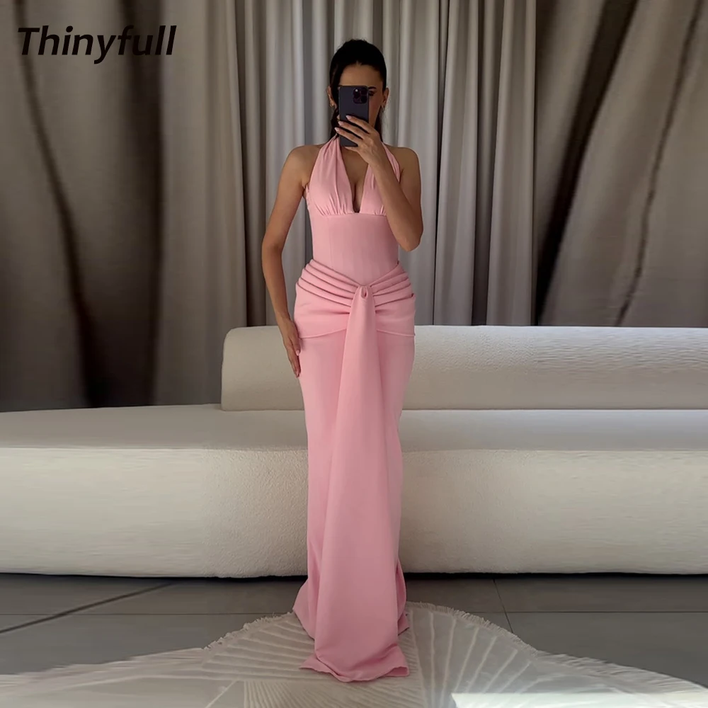 

Thinyfull Mermaid Arab Satin Prom Dresses Halter Sleeveless Evening Gown Dubai Formal Occasion Dress robes de soirée Customized