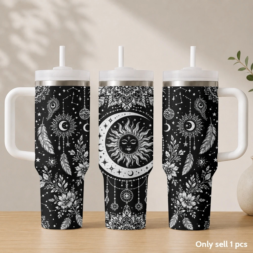 Sun Moon Celestial 40oz Insulated Tumbler With Handle And Straw Black White Boho Star Constellation Feather Floral Full Wrap Print Stainless Steel Travel Mug Mystical Astrology Gift