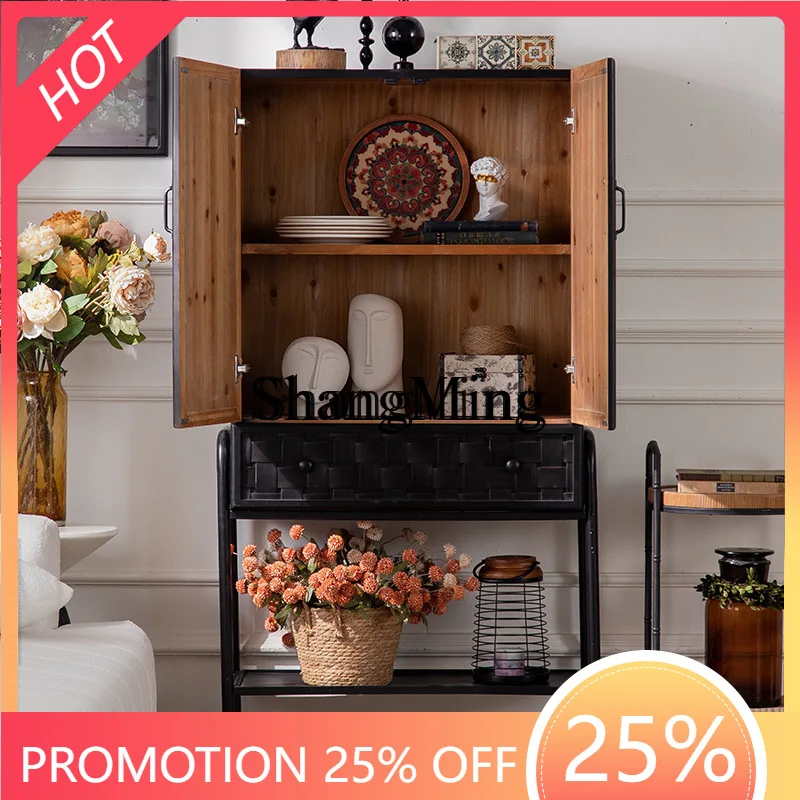 SM  dining side cabinet wood weaving craftsmanship living room solid wood storage with drawers wrought iron high cabinet