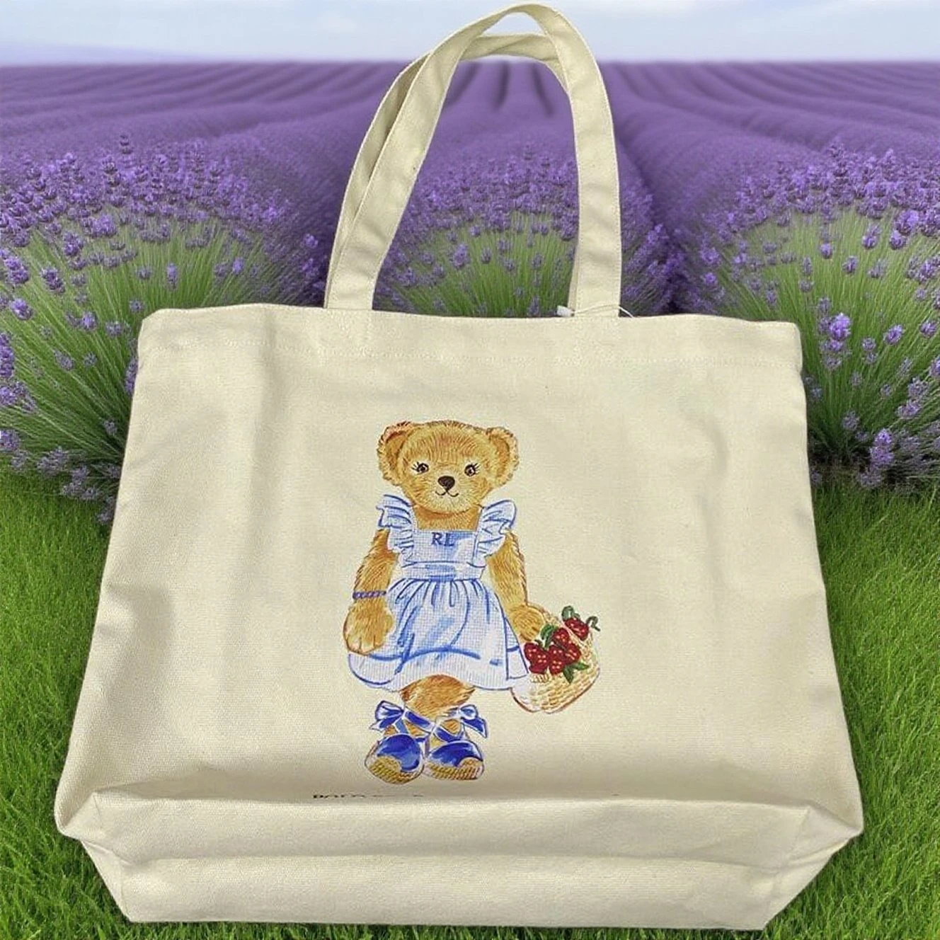

Pinafore Bear Canvas Tote Bag - Adjustable Shoulder Strap Shopper | Reusable Foldable Grocery Bag