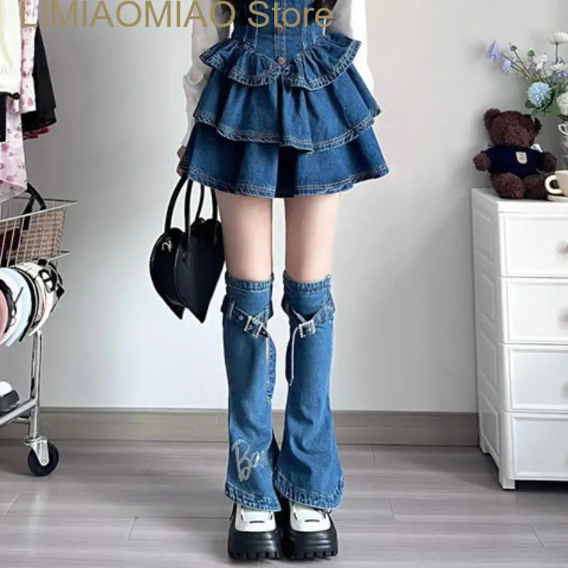 New Spring Fashion Dress Sleeveless Denim Slim Waist Vintag Women Ball Gown Button Ruffles High Street Sweet Skirts