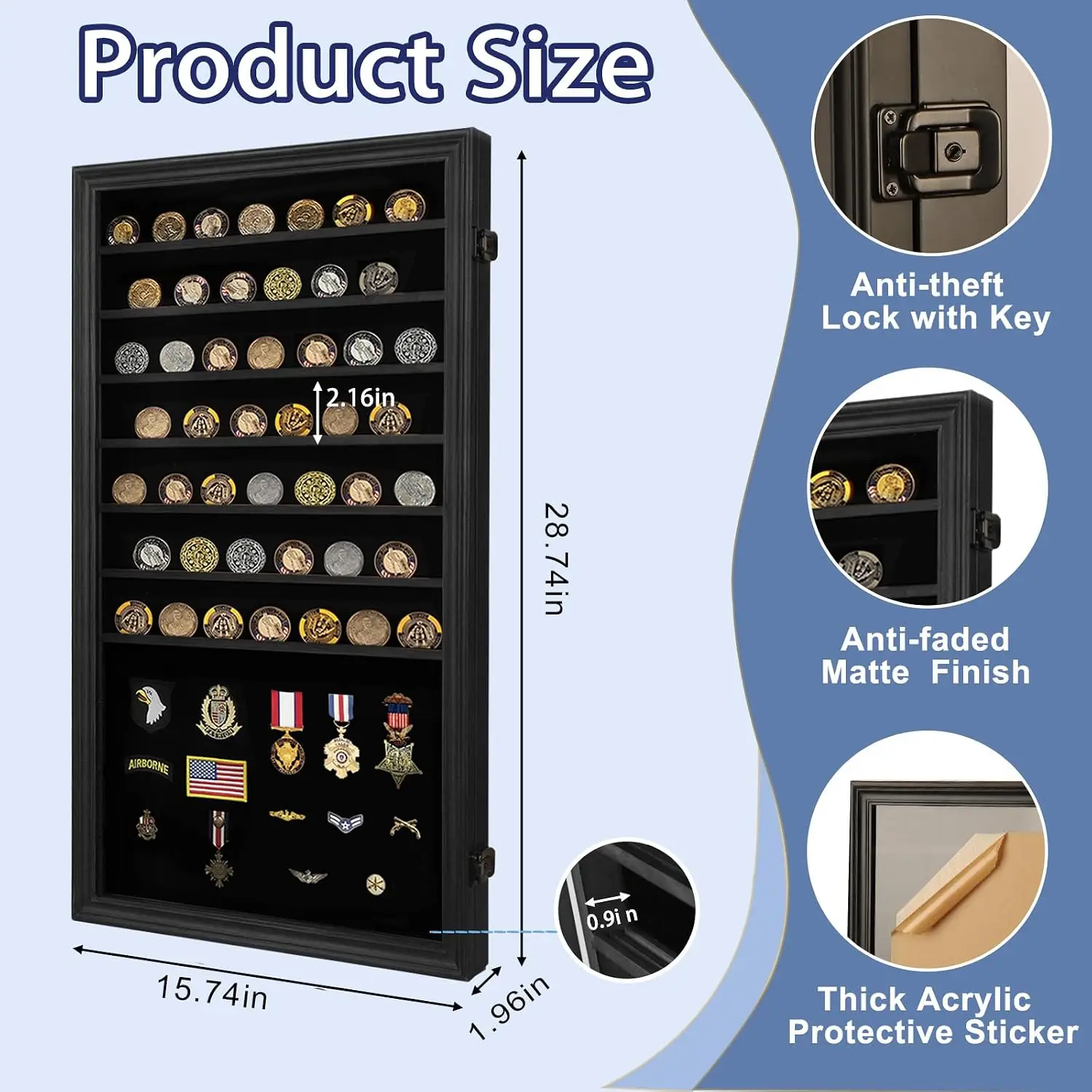 Military Challenge Coin Display Case Lockable Cabinet Holder Shadow Box with Removable 2 Grooves Shelves and Anti Fade Acrylic G