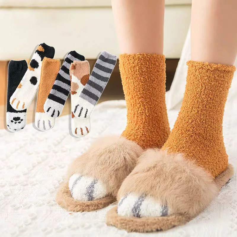 Plush Winter Funny Cute Style Animal Cat Paw Cartoon Pattern Women Cotton Socks Super Soft For Female House Sleeping Floor Socks