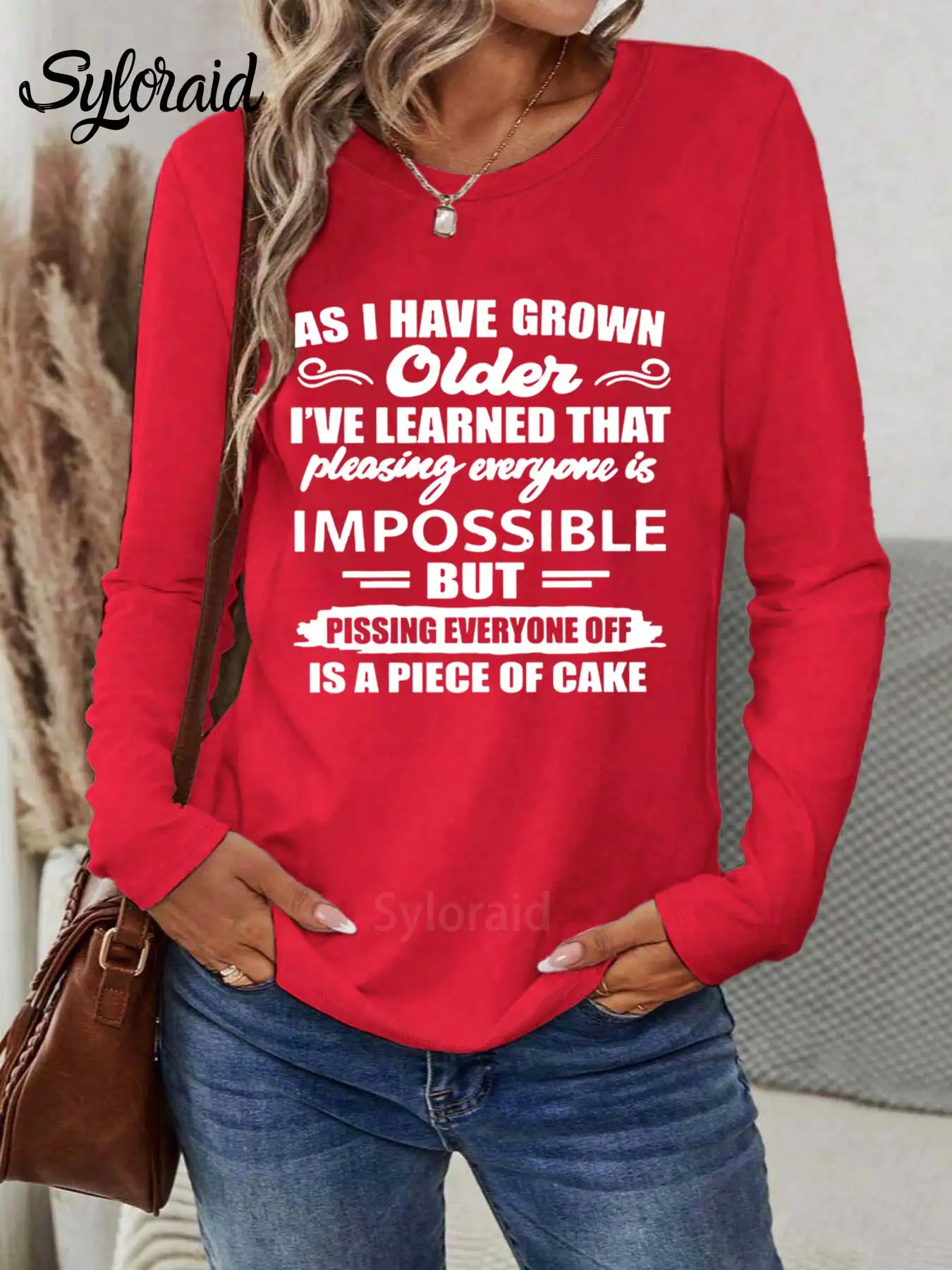 تي شيرت نسائي طويل الأكمام كما نمت كبار السن تي شيرت مضحك إقتباس قميص أزياء جولة الرقبة عارضة أعلى