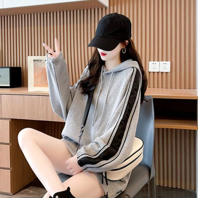 Grey Striped Hooded Top Women\'s Sweatshirt Sport Nice Color Hoodies Woman Clothing Autumn and Winter Trend Y 2k Vintage Cotton E