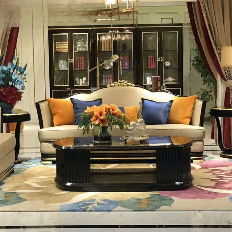 

Neoclassical living room furniture, solid wood hand-carved leather 321 combination, three-person sofa