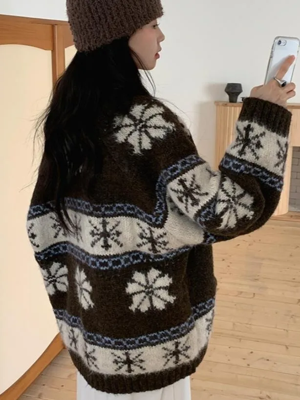 Retro Fair Isle Knitted Sweater Coat Women's Loose Korean Sle Autumn Winter Lazy Faion Open Cardigan Trendy Girl's Clothes