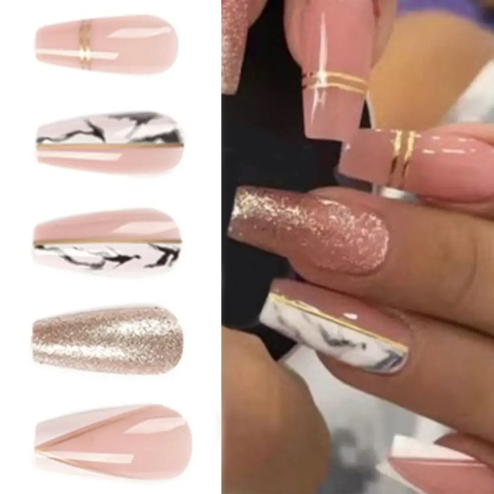 24 pçs destacável diy glitter unhas falsas cobertura completa caixão francês unhas falsas longa bailarina