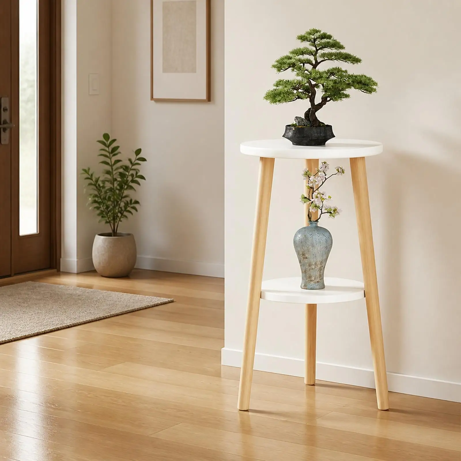 Plant Pot Stand Wood Display Shelf Two Tier Rack for Indoor Flowers Bonsai Holder for Entryway Living Room