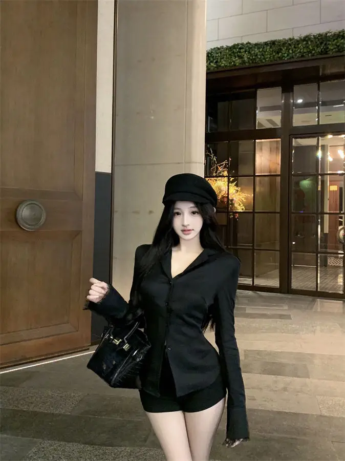 Backless Lace Youthful Fashion Black Long Sleeve Shirt Women V Neck Patchwork Elegant Basic Blouse Lady Office Casual White Top