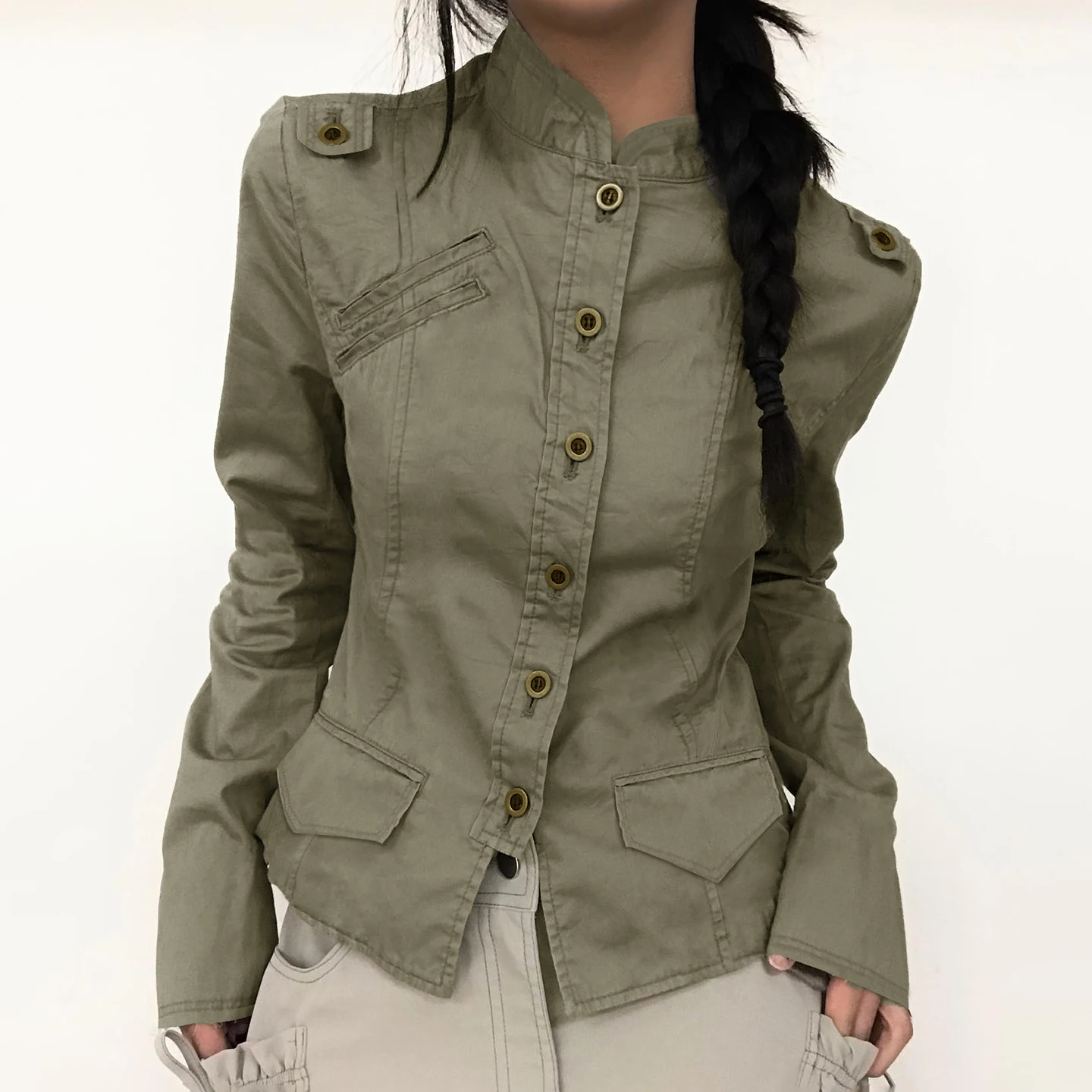 SUCHCUTE Vintage Stand-Up Collar Cargo Jacket Women Slim Long Sleeves Coat Y2k Streetwear Outfit Aesthetic Casual Fall\Whinter