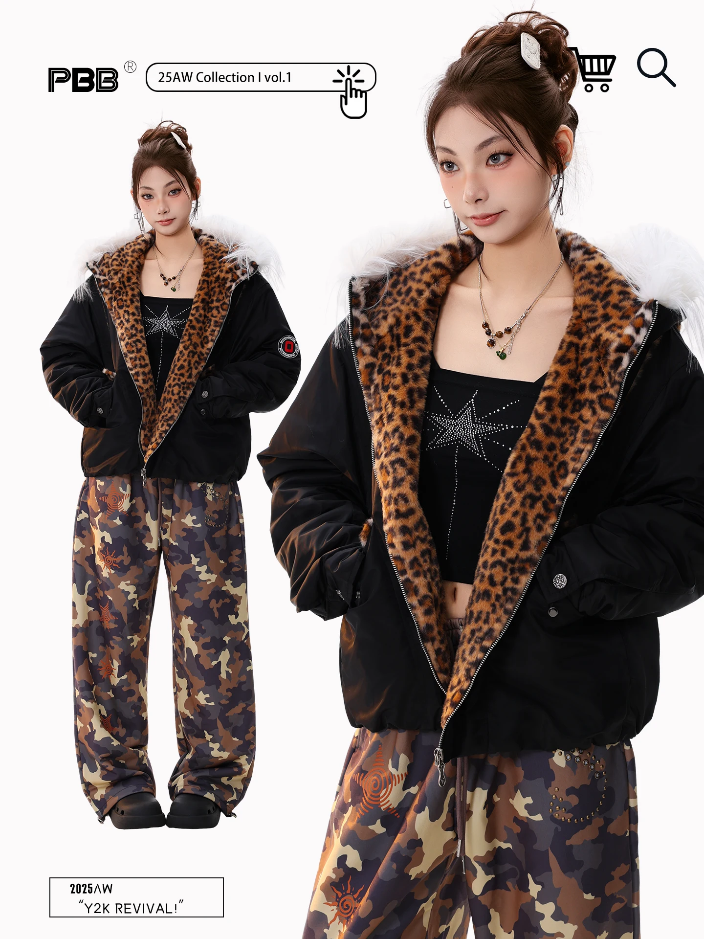 

PBB American Retro Leopard Print Design Cotton Jacket Women's Fur Collar Thickened Hooded Cotton Coat Outerwear Winter