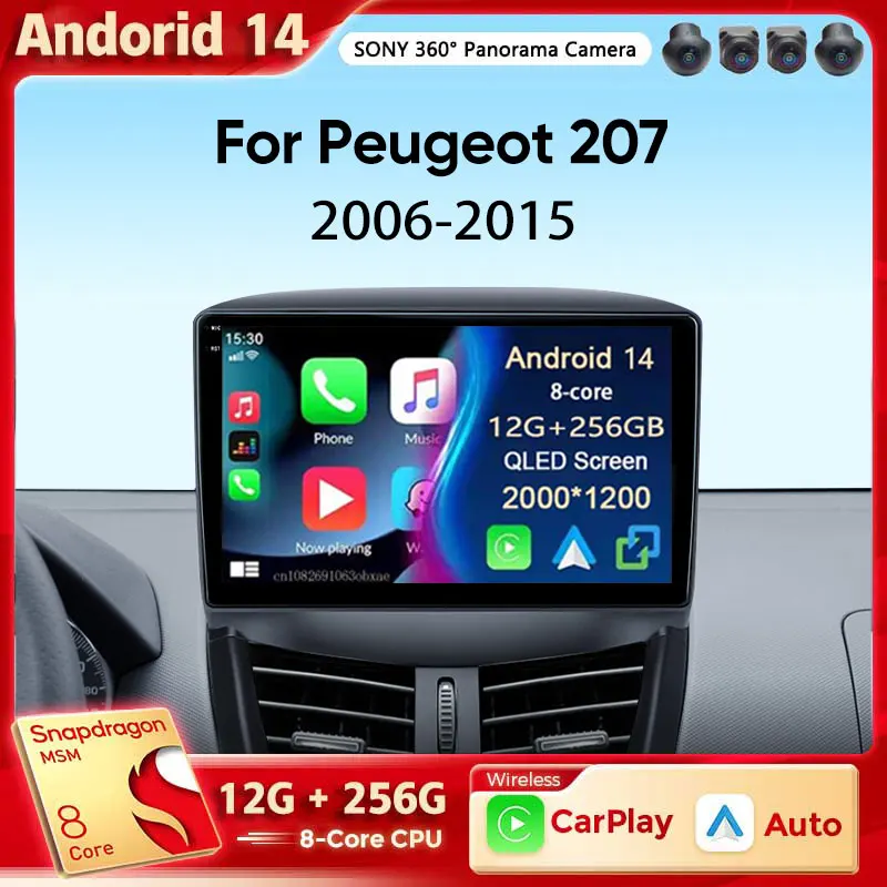 

Автомобильный радиоприемник на Android 14 для Peugeot 207 CC 207CC 2006 - 2015 беспроводной Carplay Android автомобильный стерео Мультимедийный плеер WiFi 4G 2 Din