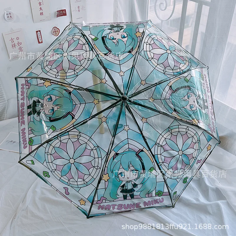 Hatsune Miku Automatischer Regenschirm, Actionfiguren, transparent, manuell, sonnig und regen, tragbar, faltbar, Sonnenschirm mit doppeltem Verwendungszweck, Geschenk