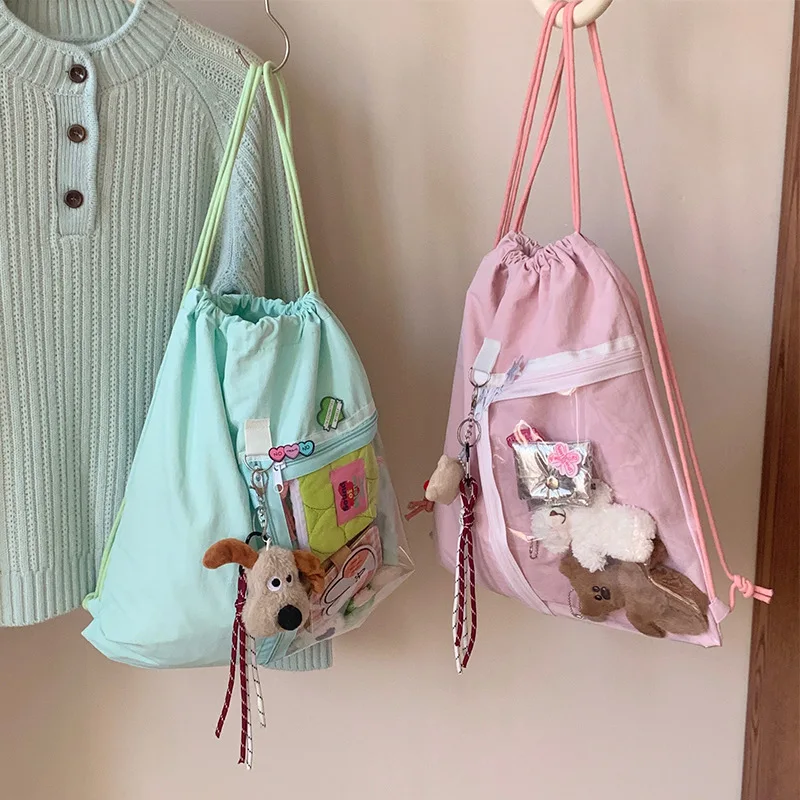 1 large capacity small fresh drawstring backpack transparent storage bundle pocket everything cute bag