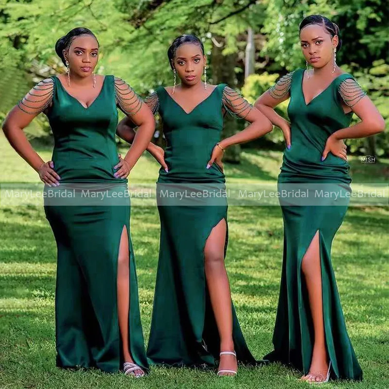 

Sexy V-Neck Bridesmaid Dresses With Beaded Tassel 2022 Sexy Front Split Dark Green Satin Mermaid Wedding Party Dress Maids Gowns