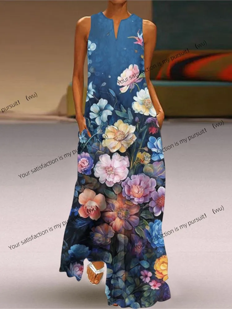 2023 sommer Neue Vintage Blume Gedruckt Lange Kleider Frauen Mode V-ausschnitt Lose Ärmelloses Kleid Casual Pendeln Vestidos Weibliche