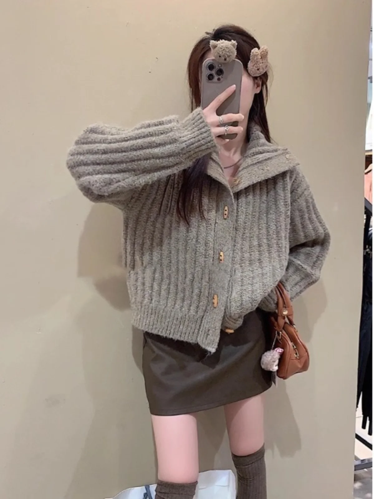 

Women's Knitted Sweater Coat Spring Autumn Thiened Long Sve Loose Fit High Collar Button up Soft Cozy Korean Sle Top