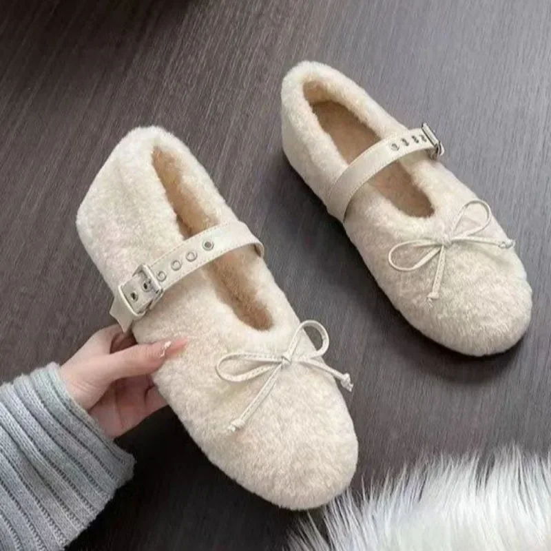 Women Plush Mary Jane's Shoes Girl Fashion White Sweet Bowknot Fur Pumps Autumn Winter Sheepskin Leather Luxury Flats