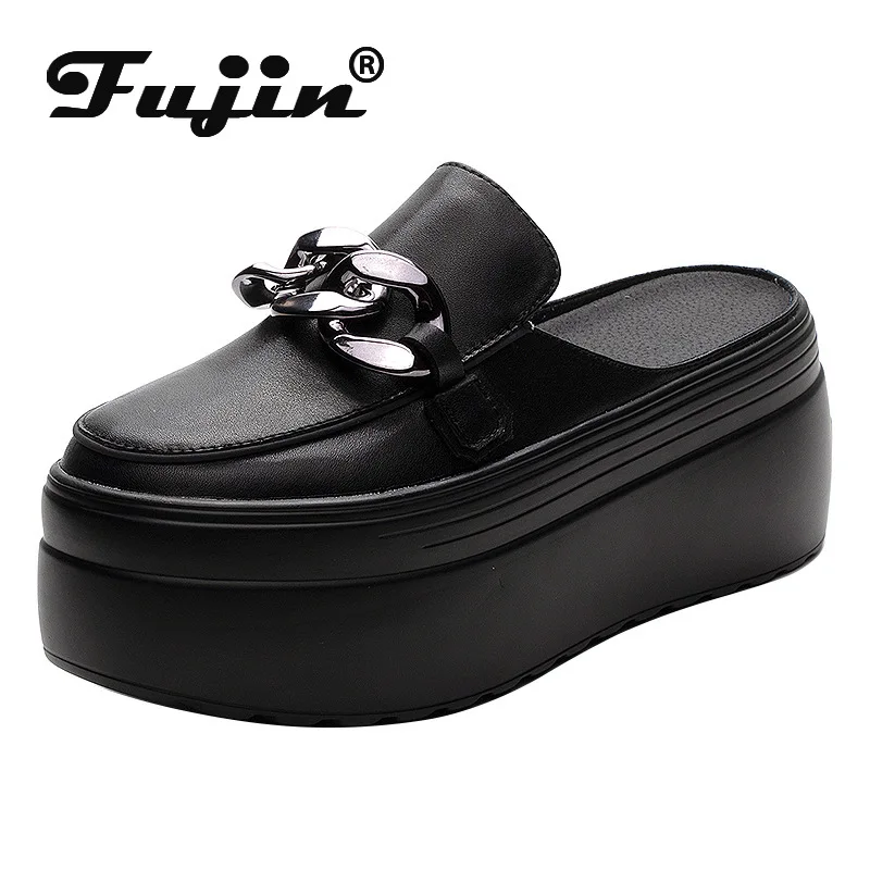 Fujin 7cm Genuine Leather Platform Shoes Wedge Slippers Chain Women Summer Shoes Genuine Leather Mules Sandals Slides For Women