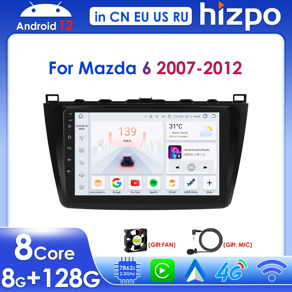 

Hizpo 9" Android Autoradio for Mazda 6 2007-2012 Wireless Carplay Car Radio Multimedia Player GPS Navigation RDS BT DSP SWC 2din