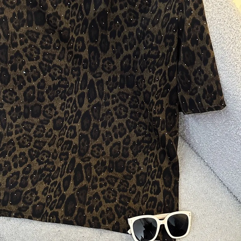 2025 Summer New Fashion Leopard Print Diamond Drills Short-sleeved T-shirt Set Loose Casual Top And Shorts Two-pieces Suit Women