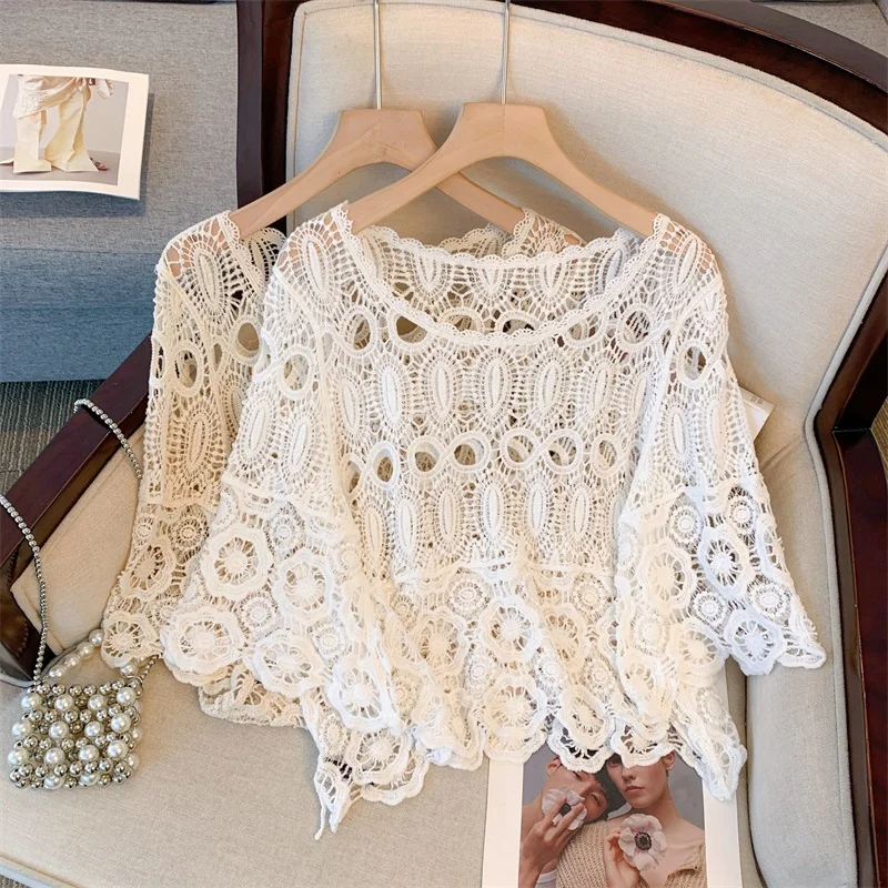 

n Knitted Top with ter Skirt Sunscreen Outerwear Lace Hollow out Design Beach Sle Sweet round Ne Cotton Blend
