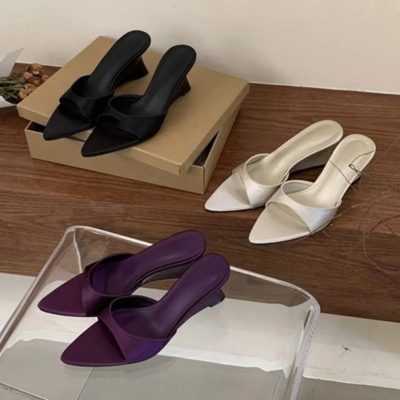 

Aneikeh Fashion Summer Purple Elegant Silk Wedges Women Slippers Thick High Heels Slide Pointed Toes Beach Shoes