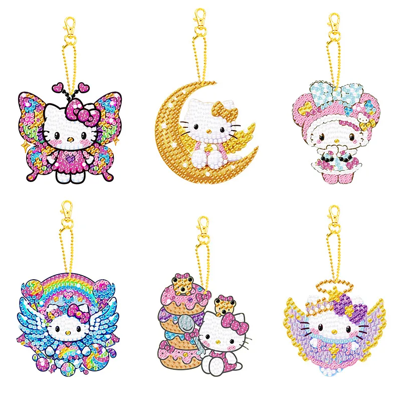 Kit de matériel de peinture diamant DIY pour porte-clés Hello Kitty, pendentif à points double face, artisanat, améliore la dextérité