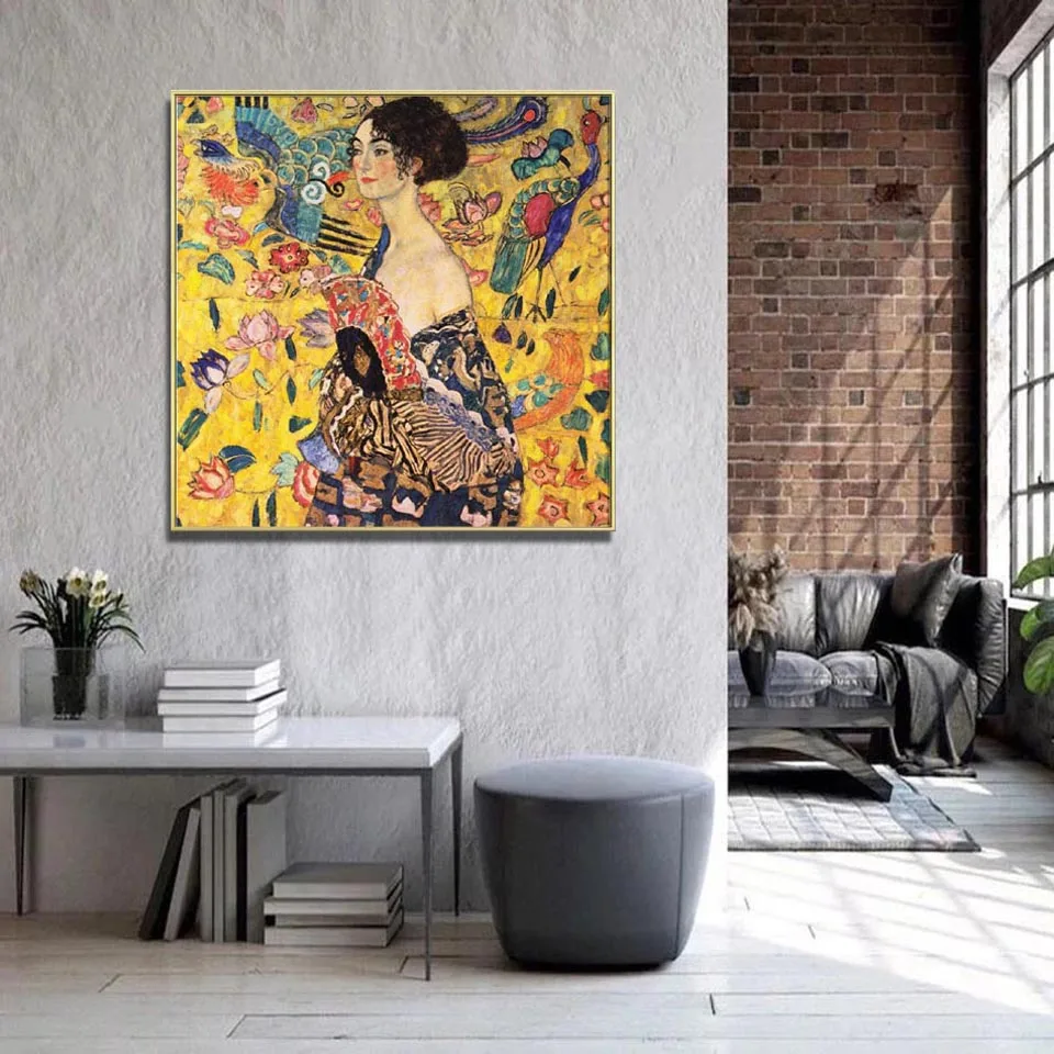 Handmade high quality reproduction of Lady with Fan by Gustav Klimt Female portrait painting on canvas Home interior decoration