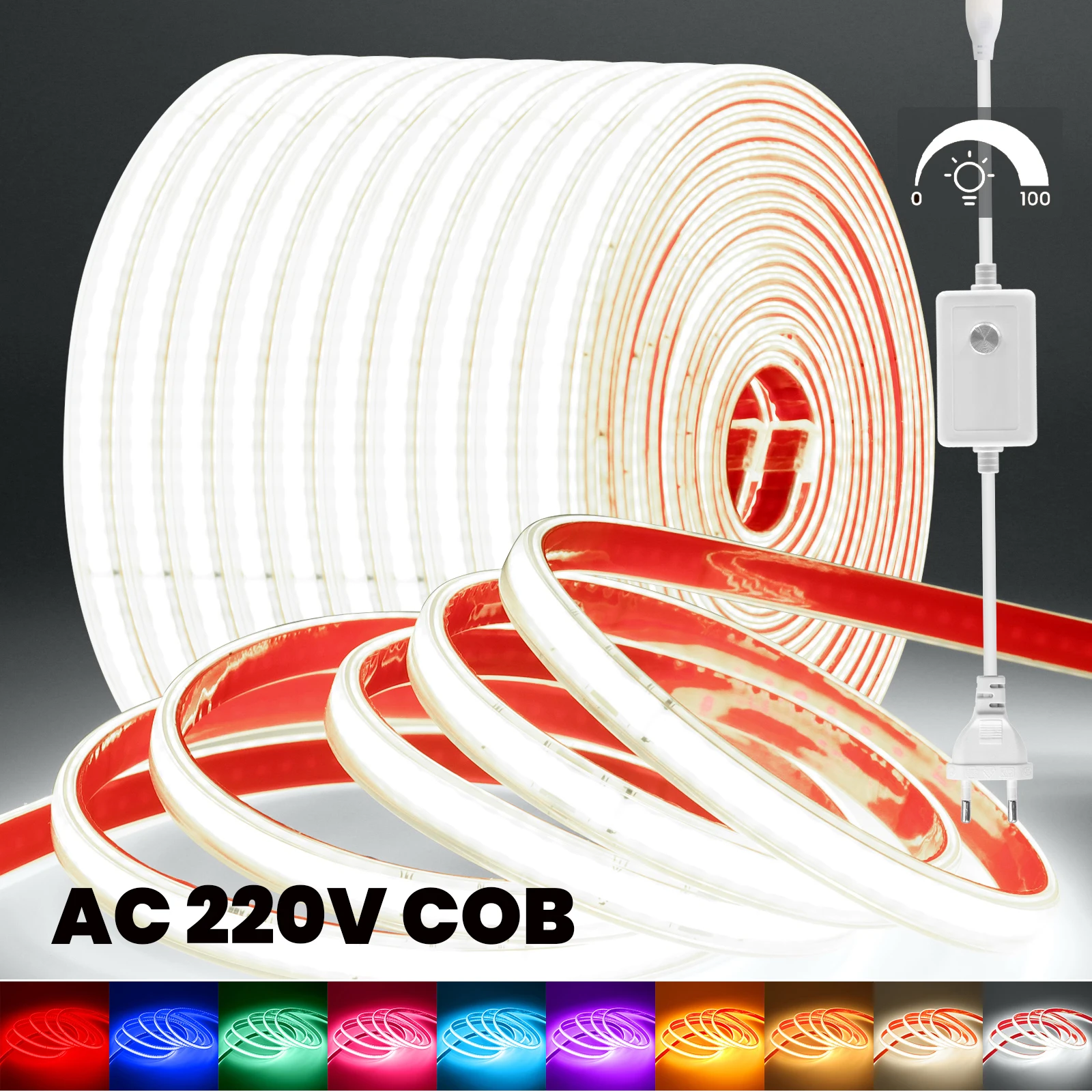 AC220V Dimmable COB LED Strip Light Waterproof White/Ice Blue/Pink/Yellow/Red High Bright Flexible Rope For Indoor Outdoor Decor