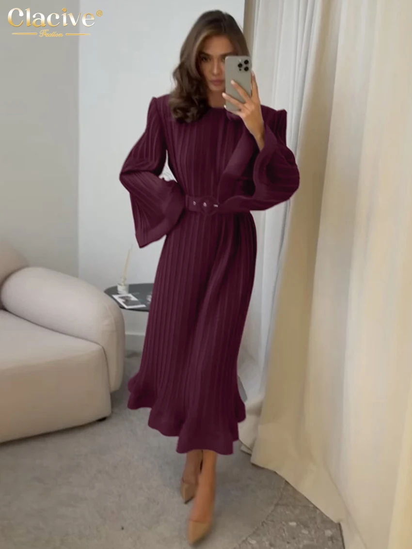 

Clacive Fashion Loose Wine Red Pleated Women Dress 2025 Casual O-Neck Long Sleeve Midi Dresses Elegant Classic Belt Female Dress