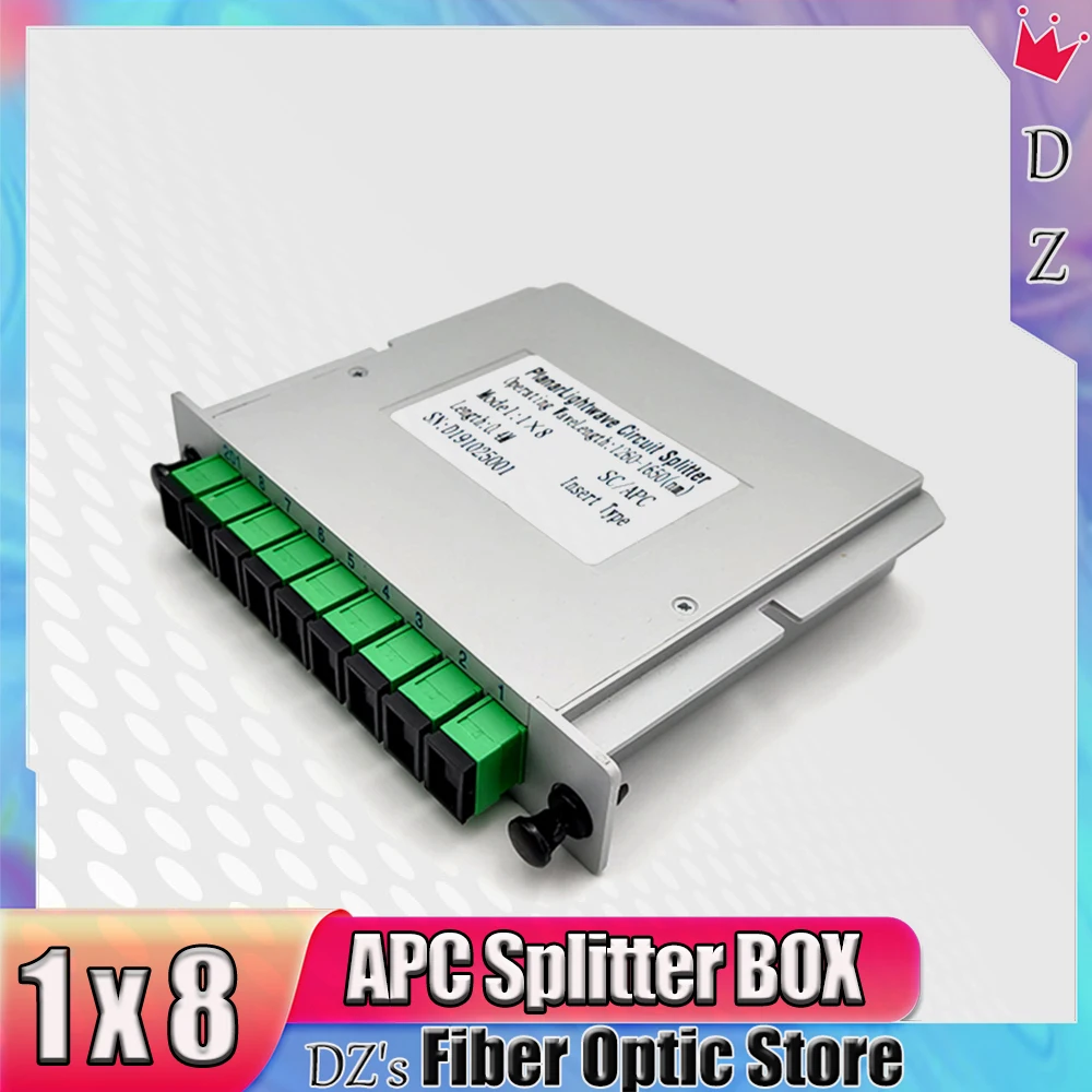 PLC Fibra Óptica Splitter Box, SC APC, 1X8 FTTH Cassette Connector, SC UPC Cassette, Inserção Tipo, Kit de Comunicação, Sem Fonte de Luz