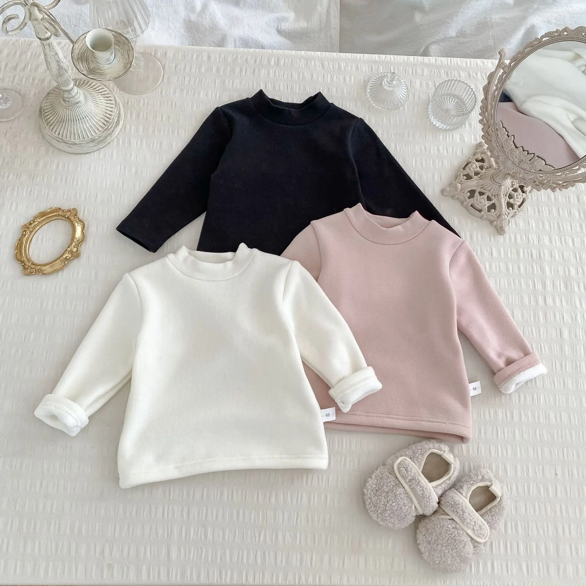 

Winter New Children Clothes Fleece Lined T-Shirt Baby Girls Solid Color High Neck Long Sleeve Thermal Inner Wear